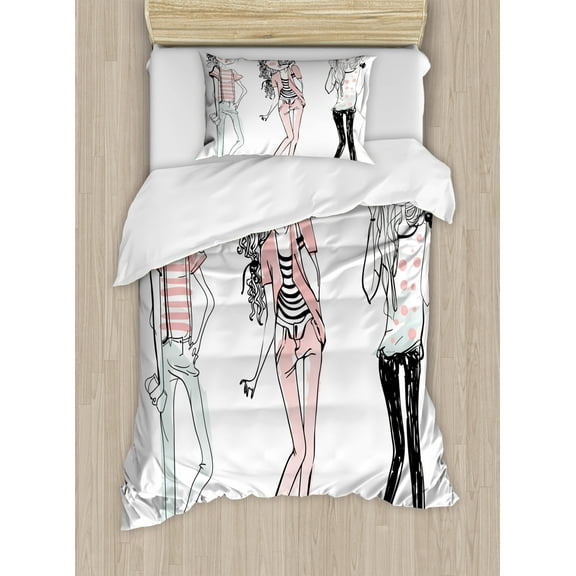 Fashion Duvet Cover Set, Sketch Cartoon Design Girls with Makeup Clothes Illustration Image, Decorative 2 Piece Bedding Set with 1 Pillow Shams, Twin Size, Pale Pink White Black, by Ambesonne