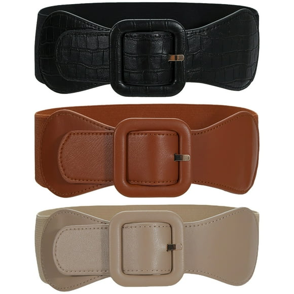 3 PCS Wide Elastic Waist Belts, PU Leather Dress Cinch Belts with Square Buckle, Stretchy Waistband for Dresses & Blouses, Fashion Waist Belt for Women, 29.5 x 2.4 Inches