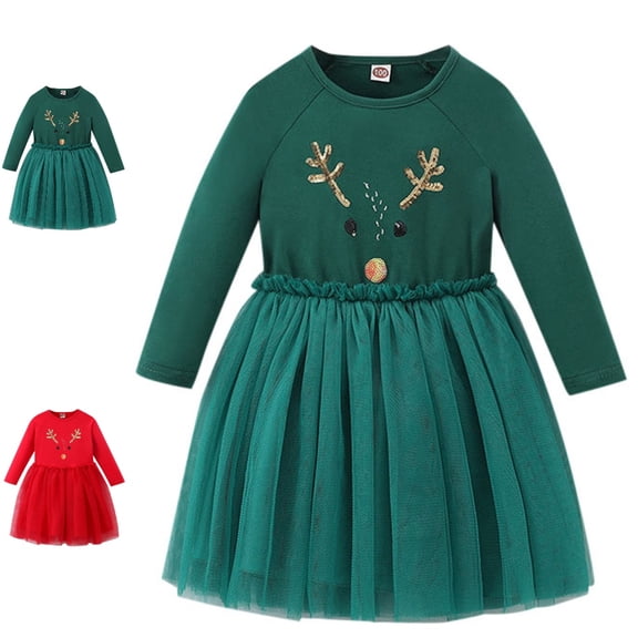 Bmisegm Christmas Dress Round Neck Long Sleeve Reindeer Graphic Smocked Waist Layered Tutu Skirt Casual Daily Kids Dress 2-3 Years
