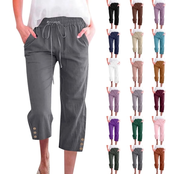 Capri Pants for Women Casual 2026 Summer Drawstring Elastic High Waist Linen Pant Straight Wide Leg Cropped Trouser Dark Gray S