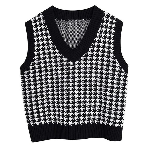 Hogleaql Sweater Vest Women - Women's V Neck Cotton Vest， Houndstooth Pattern Casual Sleeveless V Neck Knitted Sweaters Fashion Loose Pullover Comfortable Thermal Fall for Fall Winter Black S