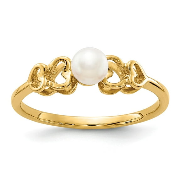 14K Yellow Gold Ring Band Pearl Freshwater White 4mm FW Cultured, Size 5