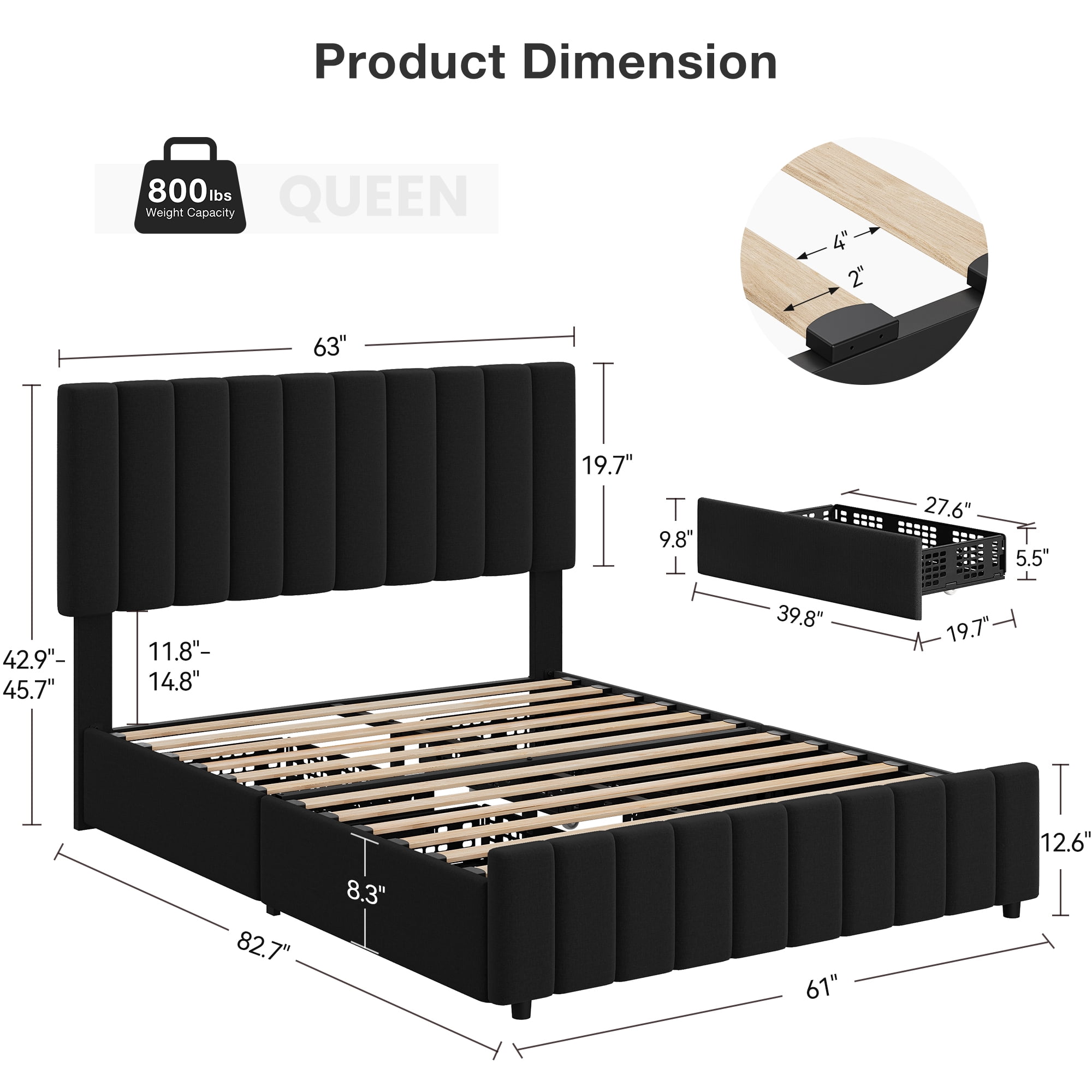 Hetoy Queen Size Bed Frame with 4 Storage Drawers and Adjustable Headboard, Linen Upholstered Platform Bed Frame with Wooden Slats Support, No Box Spring Needed, Black