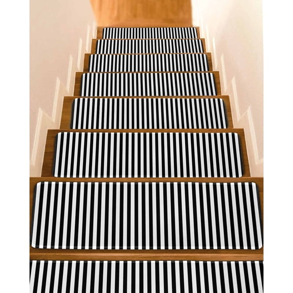 Stair Treads for Wooden Steps, Black White Stripe Peel and Stick Stair Treads with Adhesive, Modern Minimalist Geometric Striped Non Slip Indoor Stairs Runner Rugs Mats for Elders Dogs 8"x30"7PCS