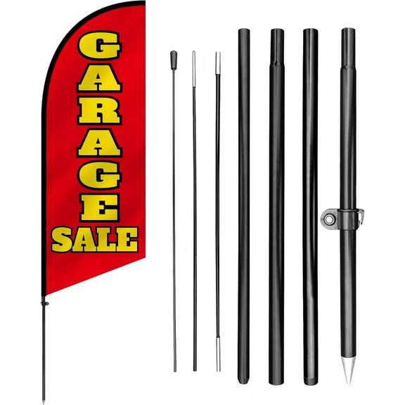 Anley 7.5 FT Garage Sale Feather Flag Banner Kit - Outdoor Swooper Advertising Flags with Pole and Stake - Garage Sale Sign for Home, Neighborhood Sales, Yard Sales - Weather Resistant & Easy Setup