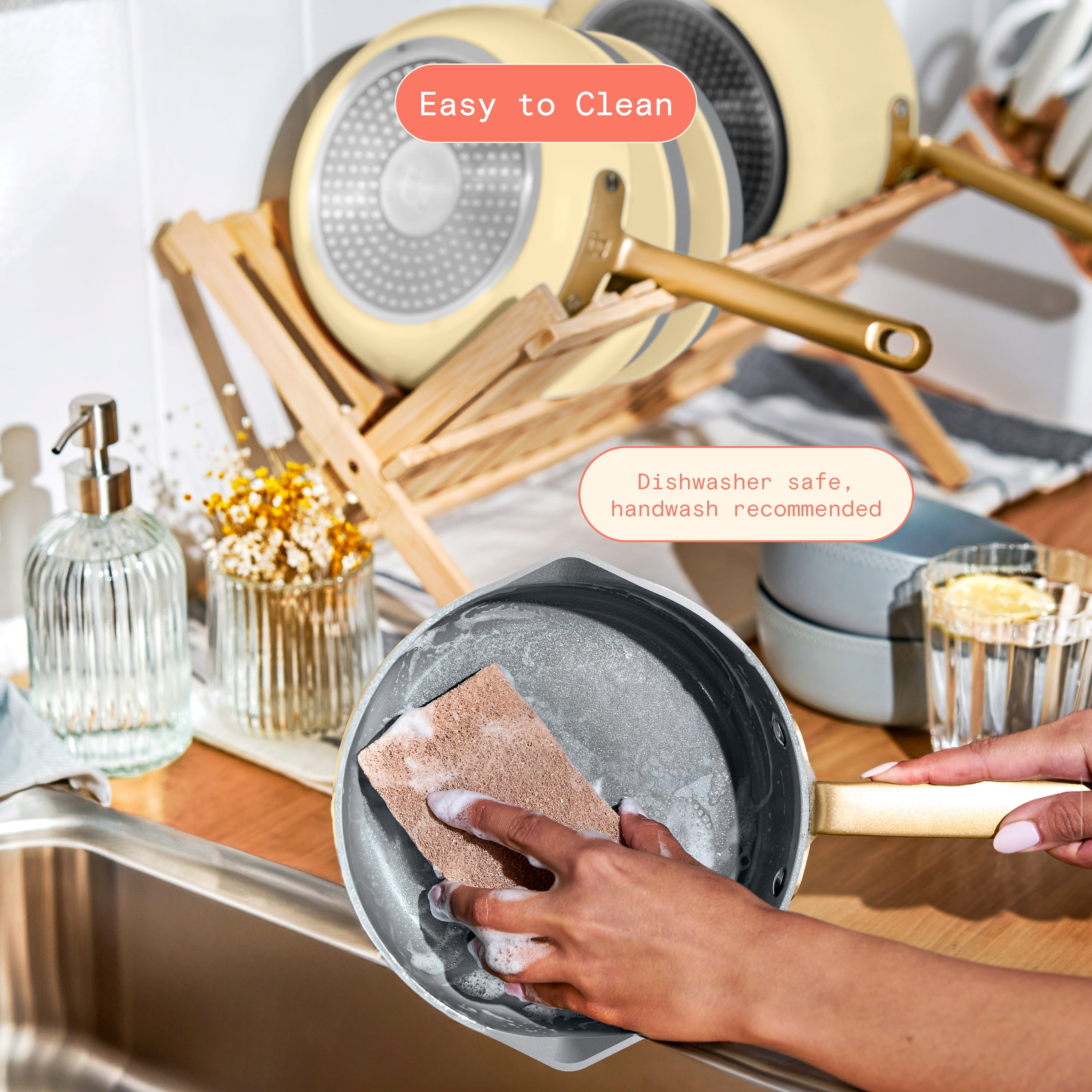 Beautiful 12-Piece Ceramic Nonstick Cookware Set, Pots and Pans with Strainer Lids, Buttercream by Drew Barrymore
