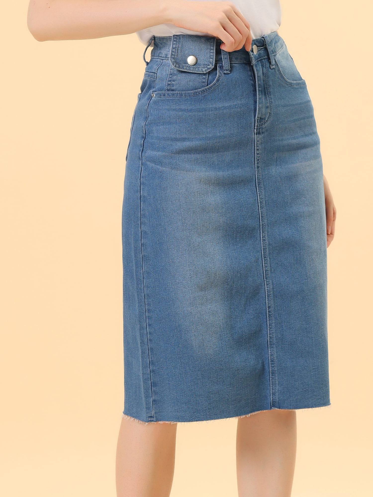 DARING DIVA Women's Jean Back Vent Midi Length Denim Skirts XS Jean Blue