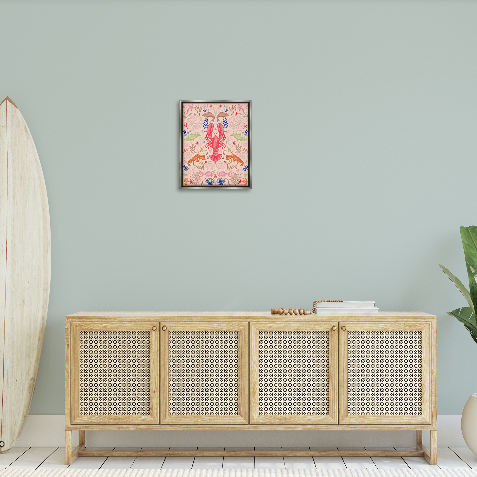 Stupell Industries Symmetrical Sea Life Nautical & Beach Painting Gray Floater Framed Canvas Art Print Wall Art, 17 x 21
