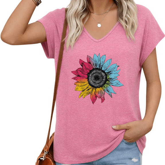 UNISHE Women Casual V Neck Short Sleeve T Shirt Sunflower Graphic Colorful Vintage Floral Loose Plus Size Tee S-5XL