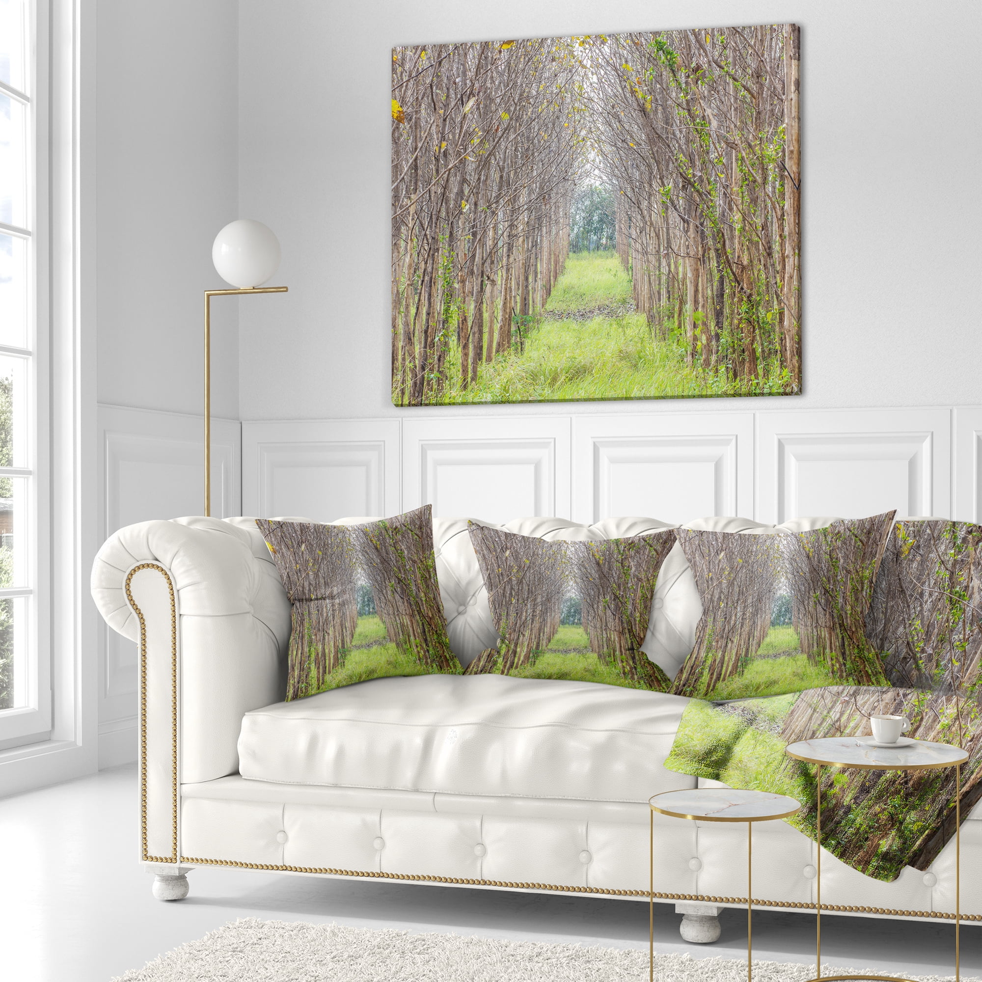 Designart Pathway Through Fall Green Trees - Landscape Photography Throw Pillow - 18x18