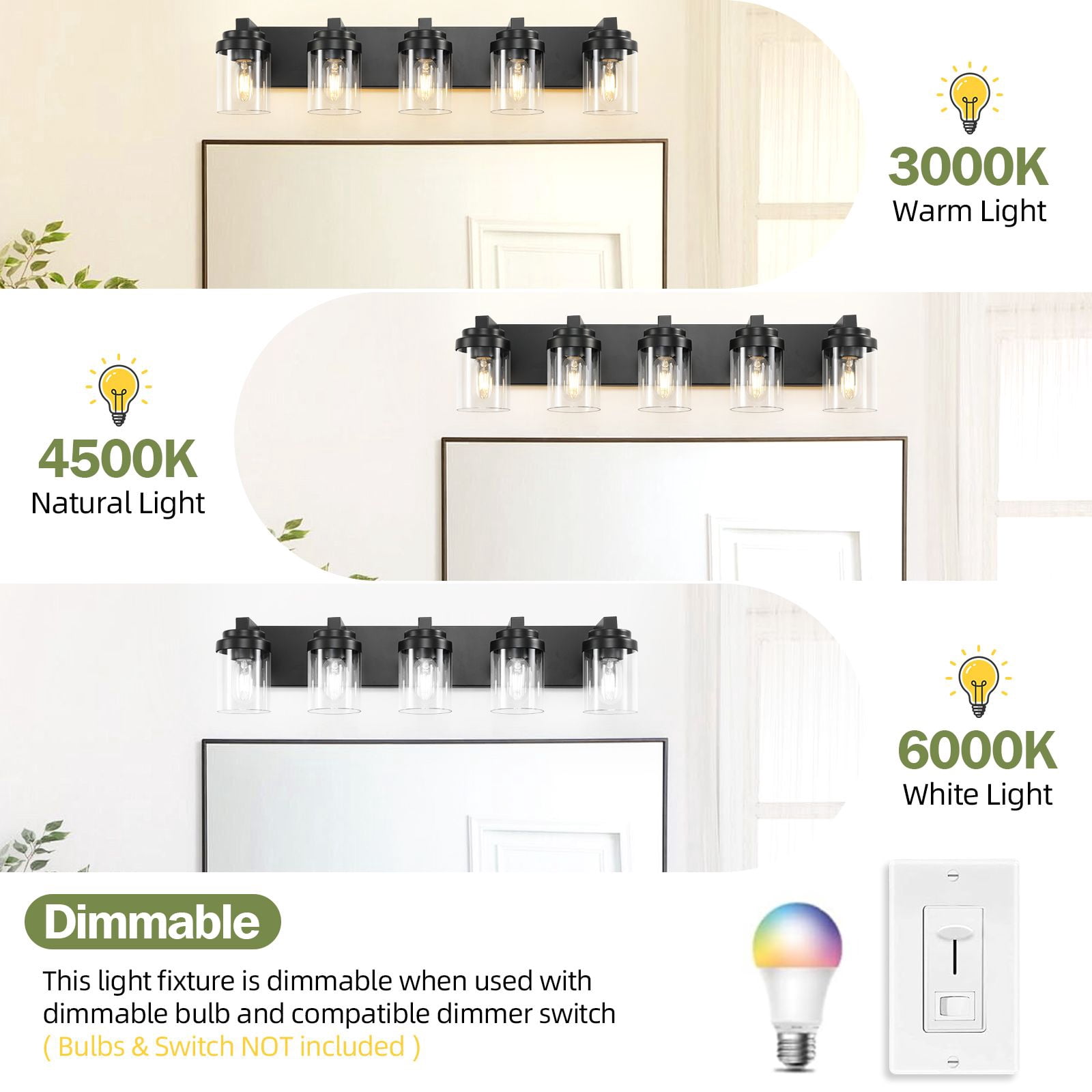 31 Inch 5-Light Bathroom Vanity Light, Black Wall Sconce with Clear Glass Shades for Mirror, Modern Farmhouse Vanity Lighting Fixture for Bathroom Cabinet Hallway, Hardwired (Bulbs Not Included)