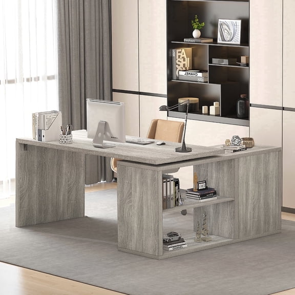 Paasyonmate 55 inch L-Shaped Computer Desk, Reversible Corner Desk with Storage Shelves for Home Office & Gaming, Light Gray