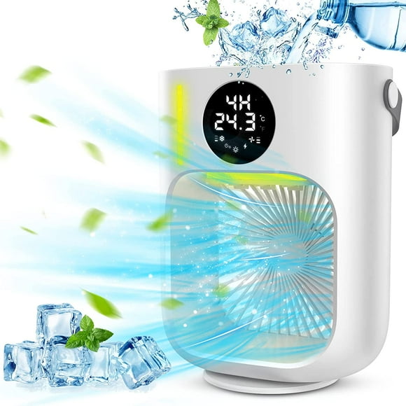 Personal Mini Air Conditioner,5V/2A USB Powered Evaporative Air Cooler Fan, 4 in 1 Portable AC Unit Night Light Timer Humidifier with LED Display Defrosting Tray for Home Office