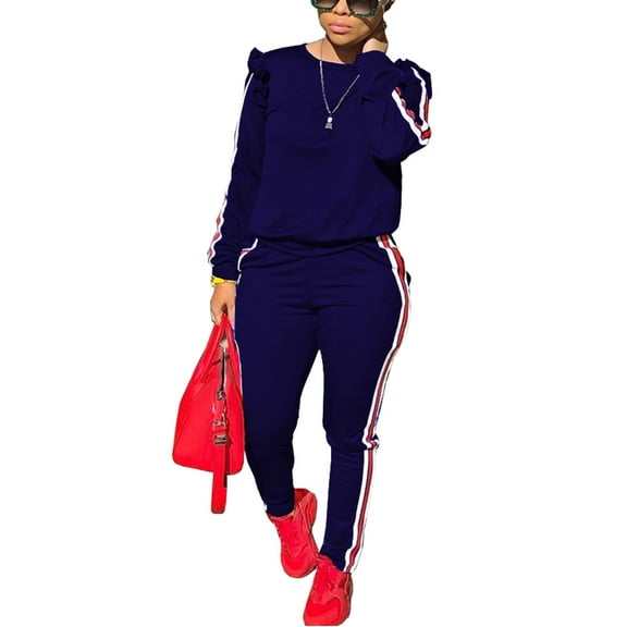 Akmipoem Women 2 Piece Outfits Sets Striped Ruffle Trackpants Tracksuit Jogging Suits