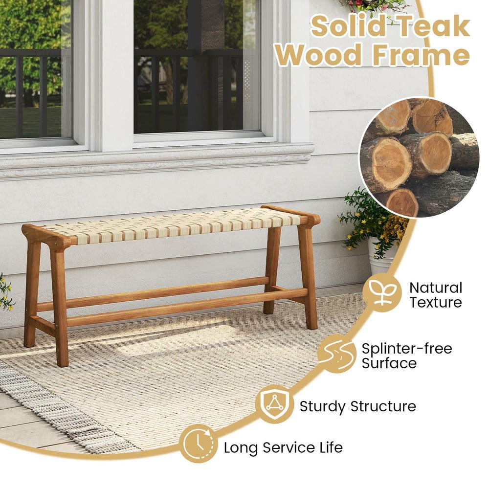 Kadyn 47 Inch Teak Wood Patio Bench with Weave Seat and Solid Wood Legs, Outdoor Seating for Garden, Patio, Deck Furniture, Natural