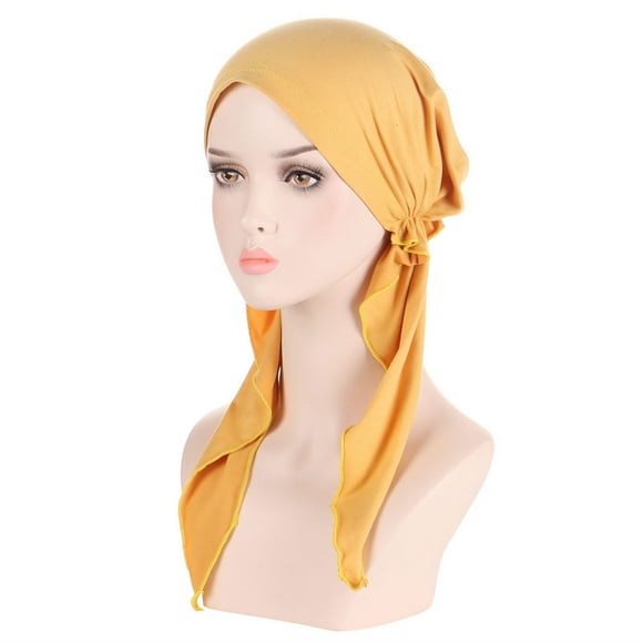 Bunenne Turbans for Women Chemo Headwear for Women Hair Wrap for Sleep Womens Casual Solid Head Hat Cap Headwear Muslim Turban Cap Headwear Head Scarf Hair Coverings for Women Yellow One Size