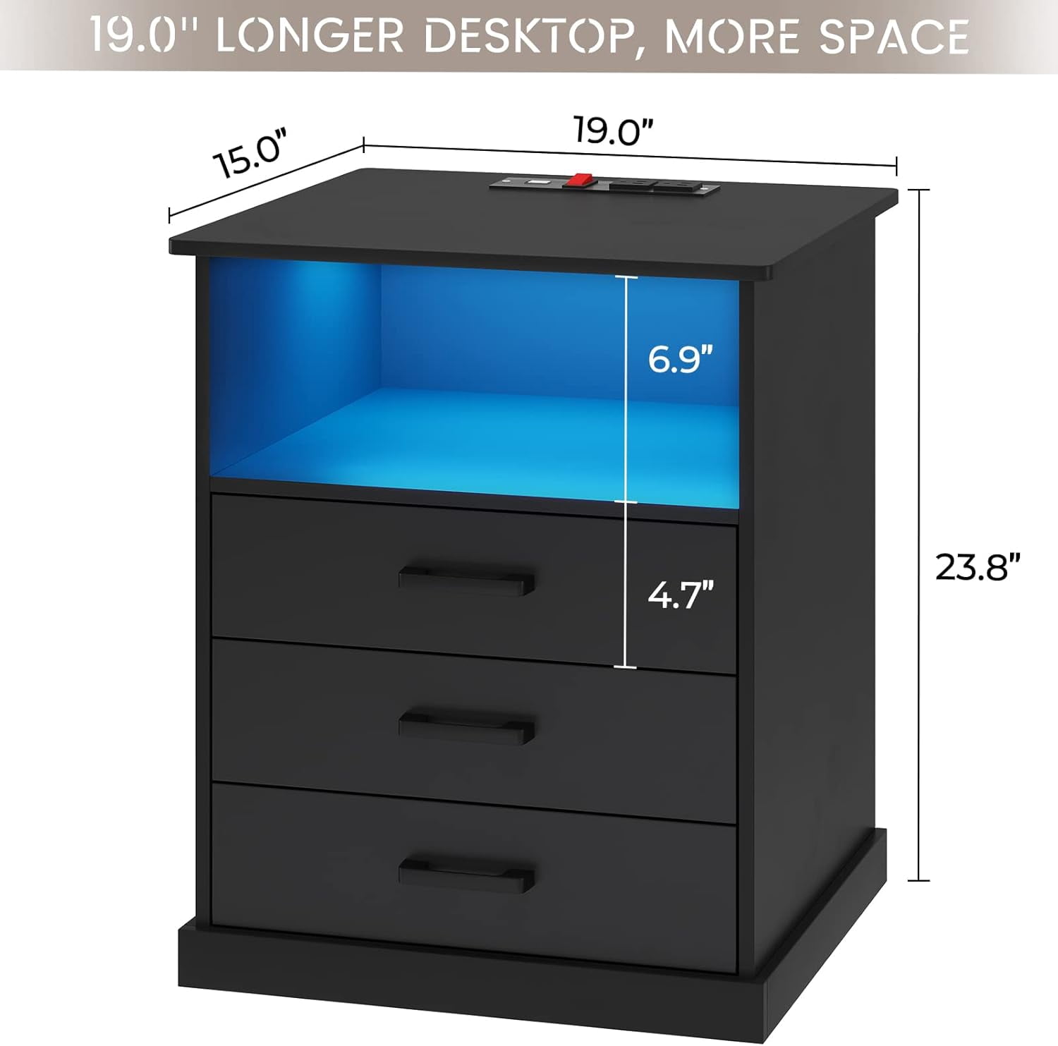 Black Nightstand Bedside Table with 3 Drawers & LED Lights & Charging Station, Modern End Side Table for Bedroom