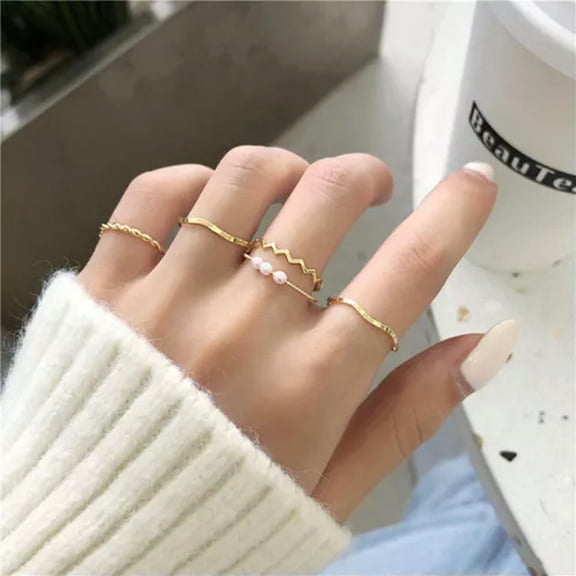 HOOUN 5Pcs Fashion Jewelry Rings Set Metal Hollow Round Opening Women Finger Ring#-Gold-