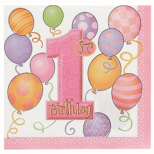 Pink Balloons 1st Birthday Beverage Napkins, 16ct