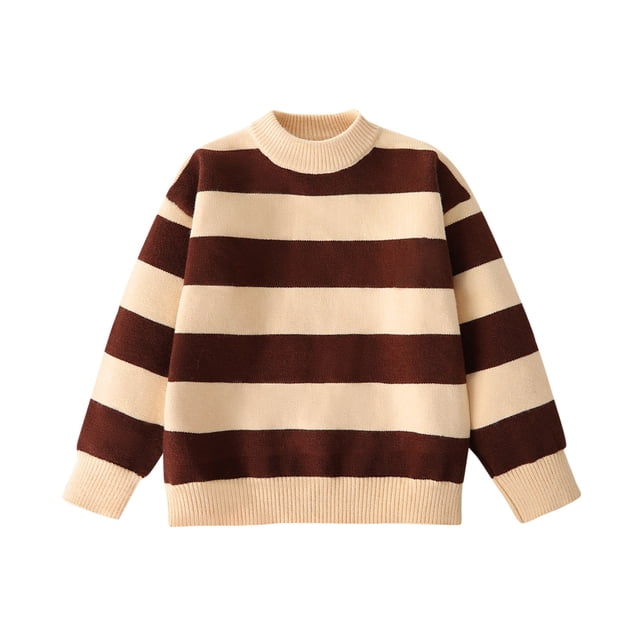 Pull Tricoté d'Hiver pour Filles et Garçons, Col Rond Rayé, Manches Longues, Chunky, Café