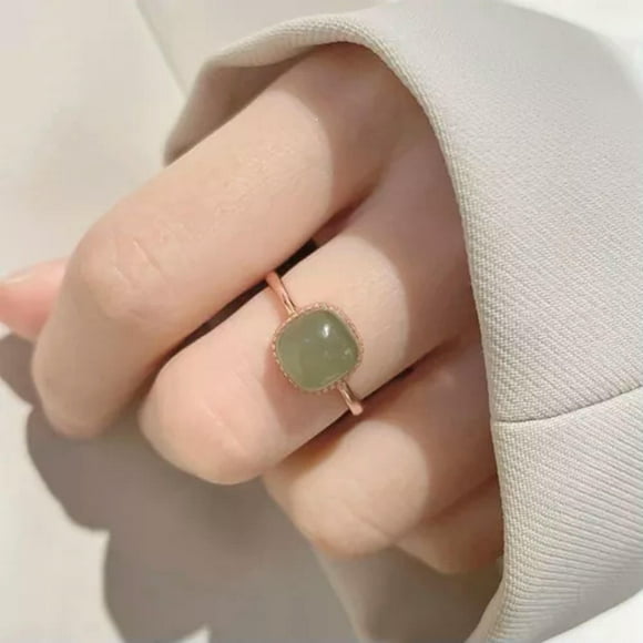 HOOUN Vintage Artificial Jade Square Ring Autumn Winter Chinese Style Crystal@-A1
