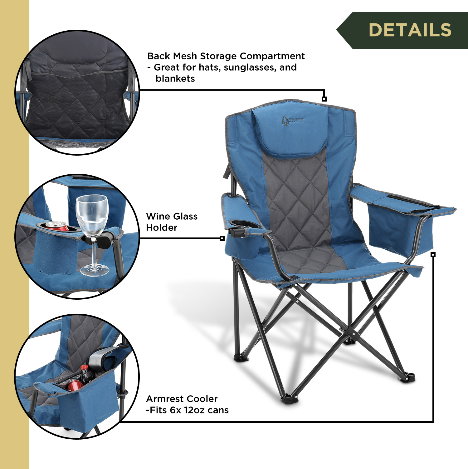 ARROWHEAD OUTDOOR Portable Folding Camping Quad Chair w/ 6-Can Cooler, Cup & Wine Glass Holders, Heavy-Duty Carrying Bag, Padded Armrests, Headrest, Supports up to 450lbs, USA-Based Support (Blue) - image 4 of 6