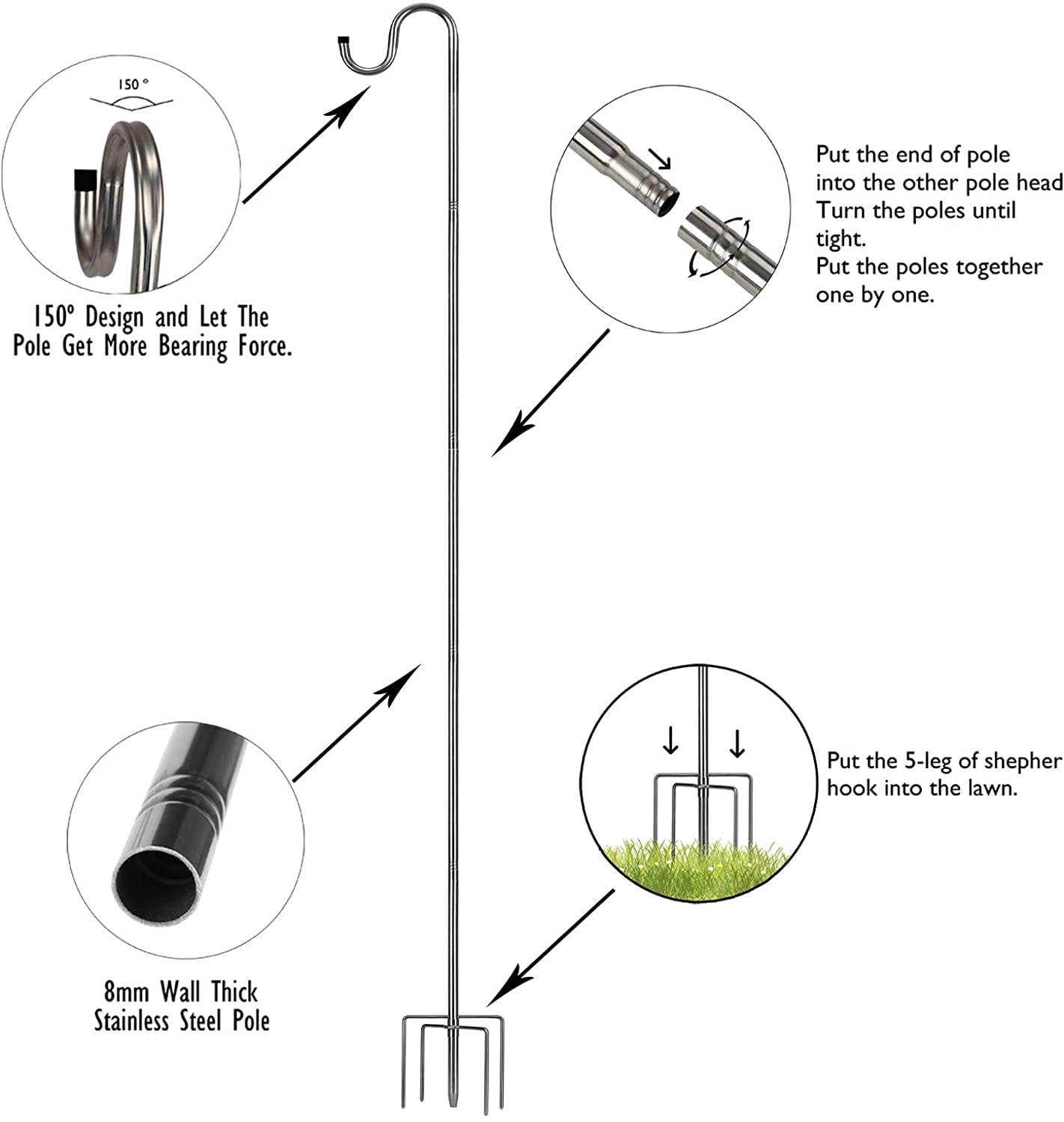Bird Feeder Pole,30 to 46 inch Adjustable Shepherds Hook Heavy Duty 5 Prong Metal Hanger Hook Garden Plant Hooks for Wedding Decoration(1 Pack)