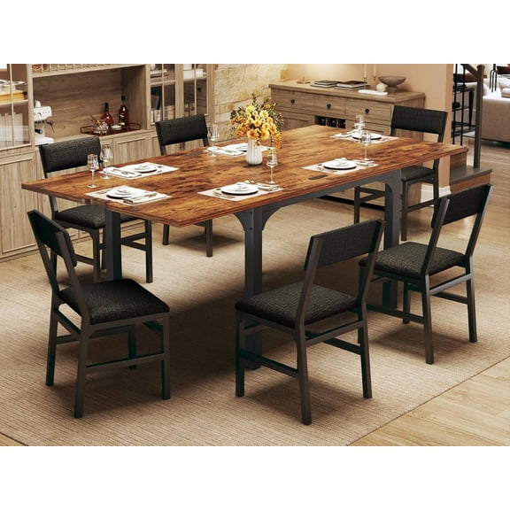 7-Piece Dining Table Set for 4-6, Extendable Kitchen Table Cushion Chairs Set of 6 with 6 Chairs, Rectangle Dining Table with Metal Frame & MDF Board, Folding for Small Apartment Saving Space,