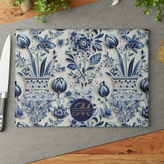 Beautiful Personalized Delft Blue Embossed Tile design *Glass* Cutting & Serving Board Charcuterie Board, Wedding, Anniversary Gift Monogram