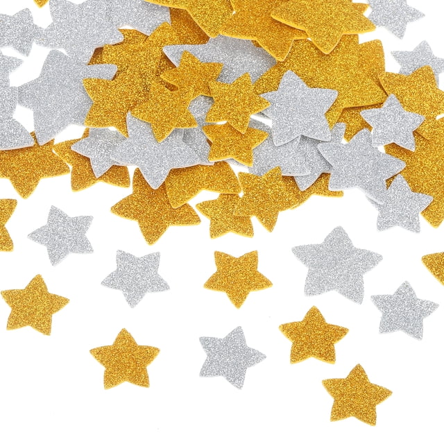 Uxcell 200Pcs Glitter Foam Stickers in star shapes with self-adhesive backing, featuring gold and silver colors. These mixed-size stickers range from 1 inch to 2.2 inches and are made of PVC and EVA foam materials with a three-dimensional texture. Ideal for crafts, scrapbooks, greeting cards, and party decorations.