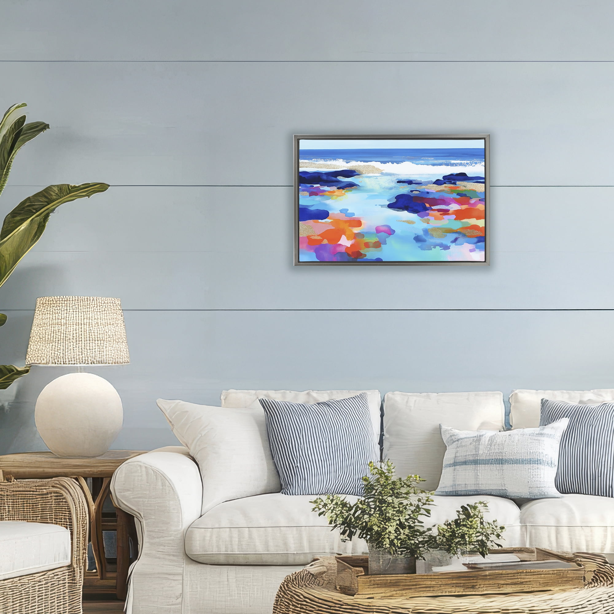 Stupell Industries Coastal Pools Overlay Abstraction Gray Framed Floater Canvas Wall Art, design by Chromatic Storm Studio