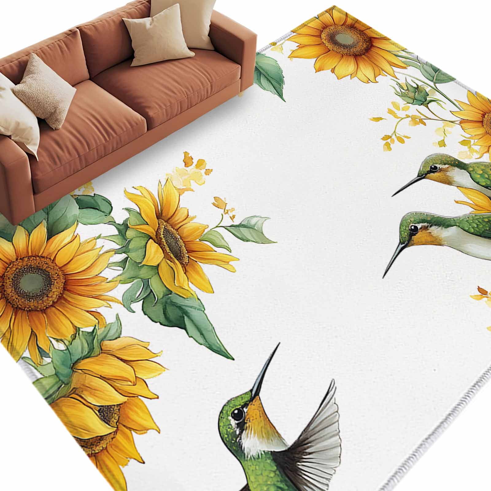 Rectangle Rug 5x8ft Area Rug Summer Sunflower Hummingbird Area Rugs for Living Room Bedroom Watercolor Green Leaves on White Floor Mat Non-Slip Non-Shedding Carpet Indoor Accent Rugs