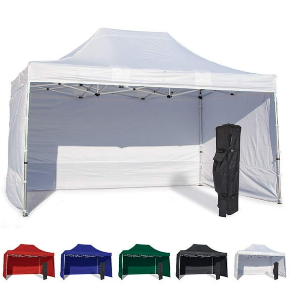 White 10x15 Instant Canopy Tent and 3 Side Walls - Commercial Grade Steel Frame with Water-Resistant Canopy Top and Sidewalls - Bonus Canopy Bag and Stake Kit Included (5 Color Options)