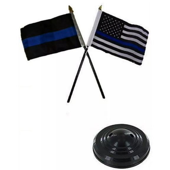 Thin Blue Line & USA Police American 4"x6" Flag Desk Set Table Stick Black Base