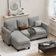 Walsunny 76.4 Convertible Sectional Sofa, L Shaped Sectional Sofa with Side Pocket, 3 Seat Sofa Couch with Storage Ottoman for Small Living Room, Apartment, Bedroom, Light Gray