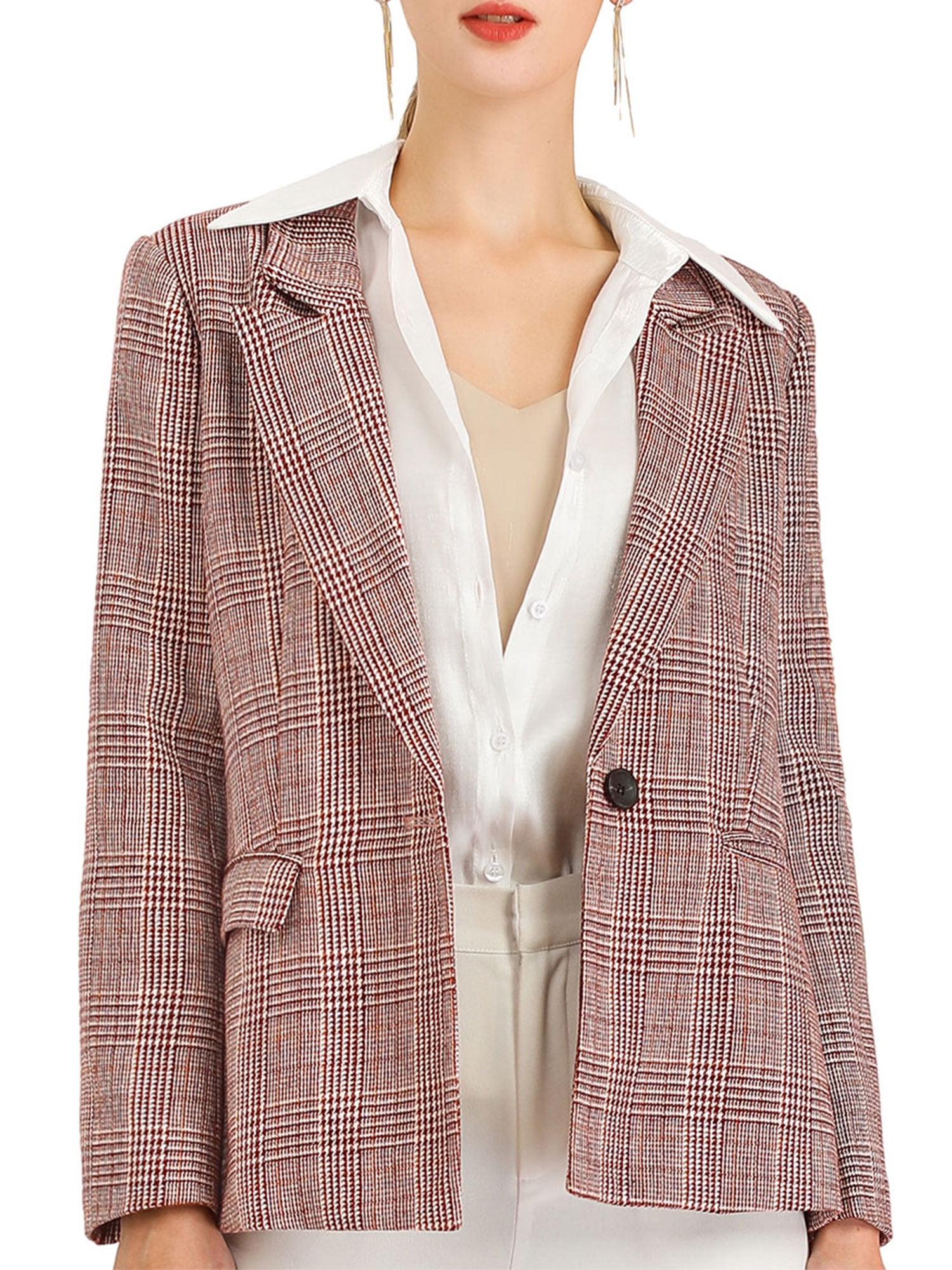 Unique Bargains Women's Boyfriend Houndstooth Plaid Blazer Jacket 14 Burgundy