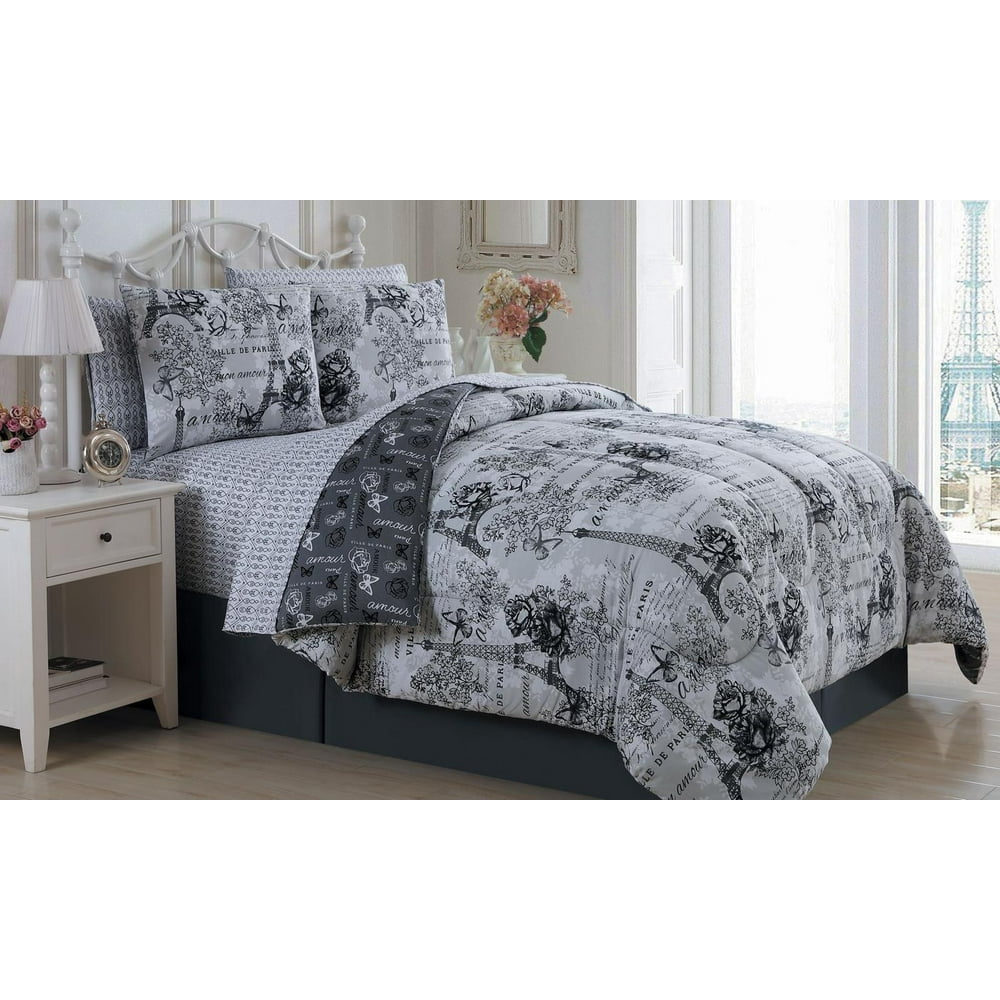 Paris Eiffel Tower Black & White Butterflies & Flowers Reversible Twin