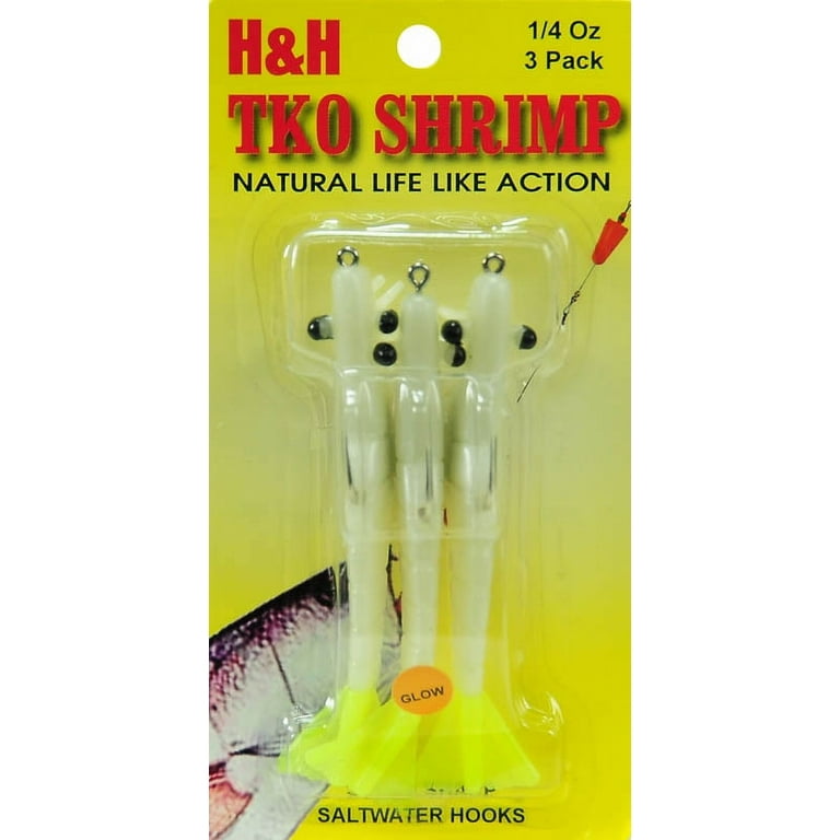 H&H TKO Shrimp Fishing Lure, Glow & Chartreuse Tail, 3 Count