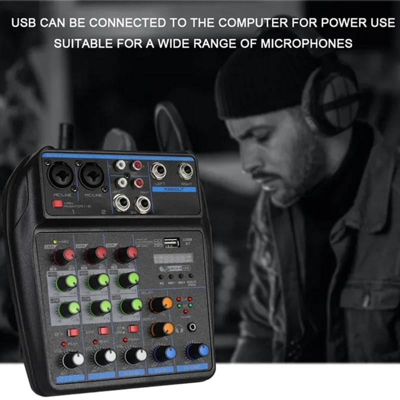 Katigan 4 Channel Audio Mixer Mini Sound Mixing Console Bluetooth 48V Power Supply for Music DJ Recording Karaoke System