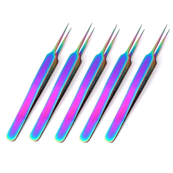 OdontoMed2011® 5 Pieces Stainless Steel Multi Rainbow Color 3d Eyelash Extension Tweezers A Type Straight Jewelry-making, Laboratory Work