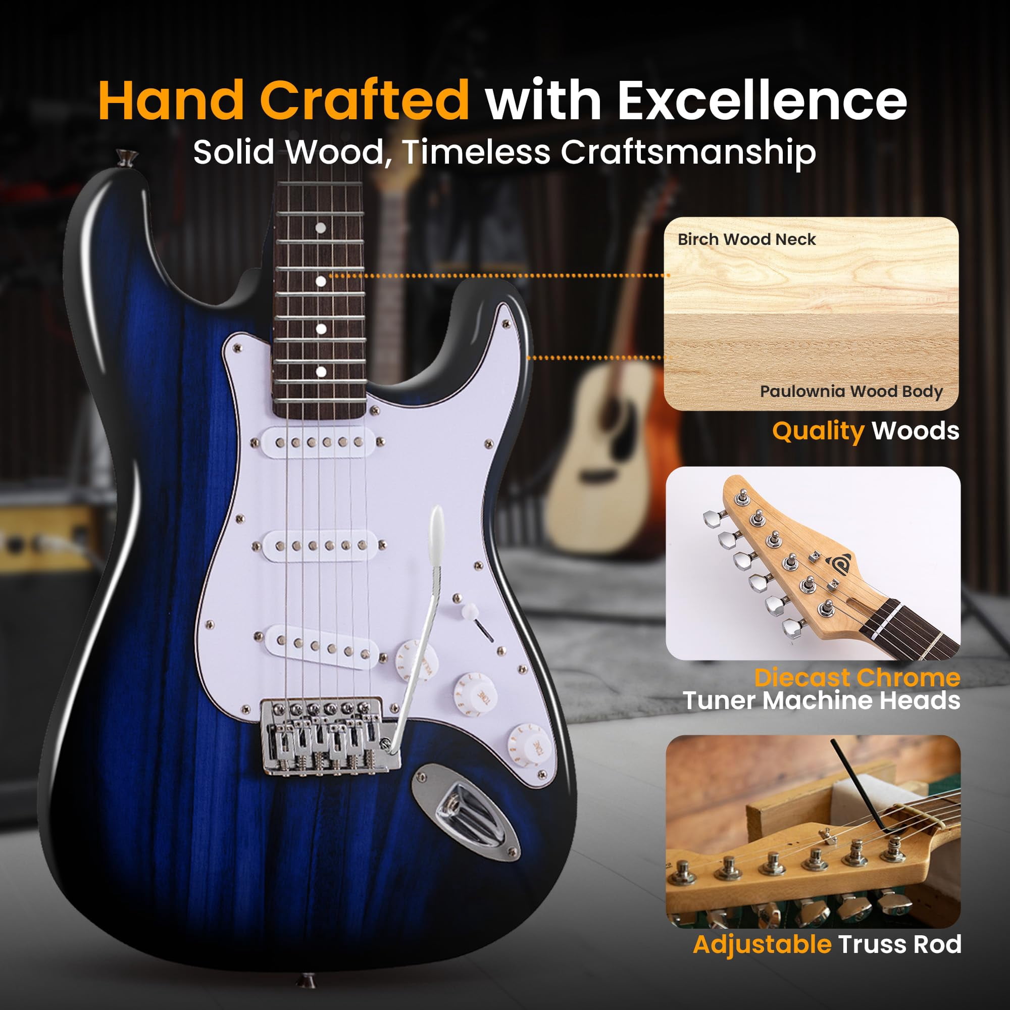 Pyle Full Size Electric Guitar Kit with 5W Amplifier, Gig Bag, Picks, Spare Strings, and Strap, ST-Style Beginner Guitar Bundle with 22 Frets, Paulownia Wood Body, Blue