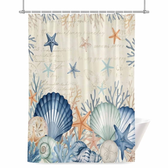 Summer Marine Life Shower Curtain, Watercolor Starfish Ocean Shell Conch Vintage Waterproof Shower Curtain Set with 12 Hooks Lightweight Bath Curtains Fabric Bathroom Decor 48x72 Inches