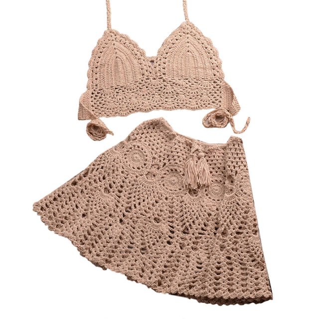 Crochet Bikini Sets Solid Color Knitted Off Shoulder Top Bottom Bikini Beachwear Bathing Suit Women Swimsuit sky blue M