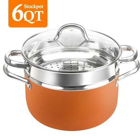 Antique Copper Steamer SHINEURI Copper Nonstick 6 Quart Covered Stock Pot with Stainless Steel Steamer Insert, Ceremic Coating Copper Cookware Pot Set, 3 Pieces Stockpot Set ()