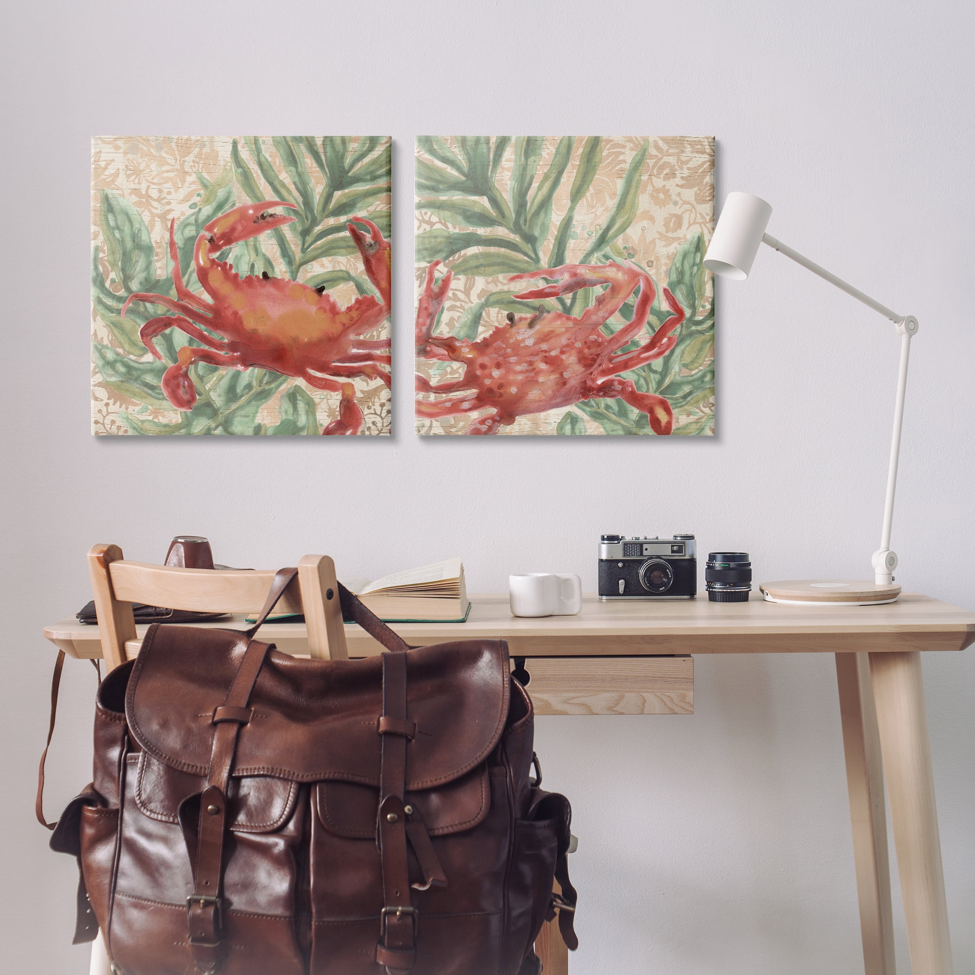 Stupell Industries Red Crab & Seaweed Animals Painting Wrapped Canvas Art Print Wall Art, 24 x 24, Set of 2