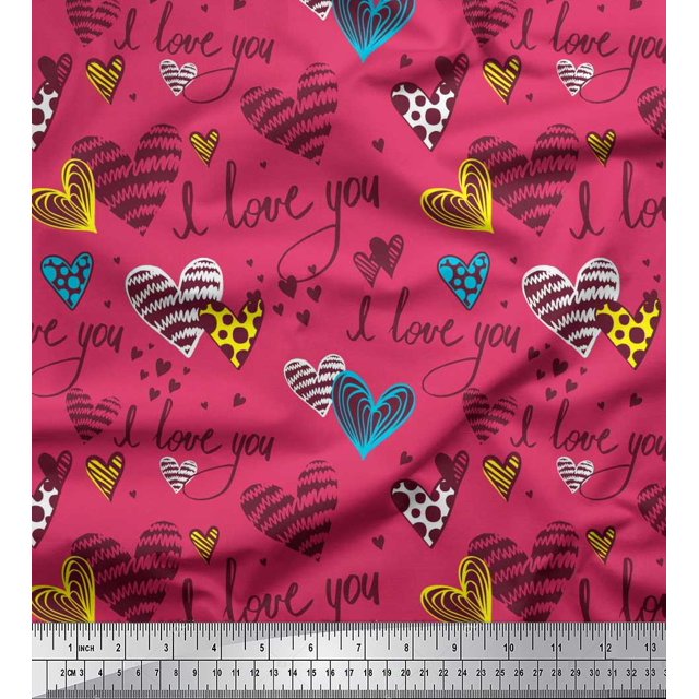 Soimoi Pink Rayon Fabric Heart & I Love You Text Decor Fabric Printed Yard 56 Inch Wide