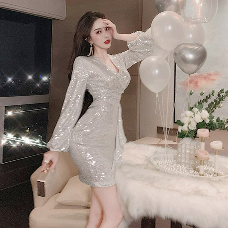 PIKADINGNIS Sexy Slim V-Neck Mini Dress Woman Korean Fashion Sequin Party  Tulle Dresses Women Silver Long Lantern Sleeve Vestidos