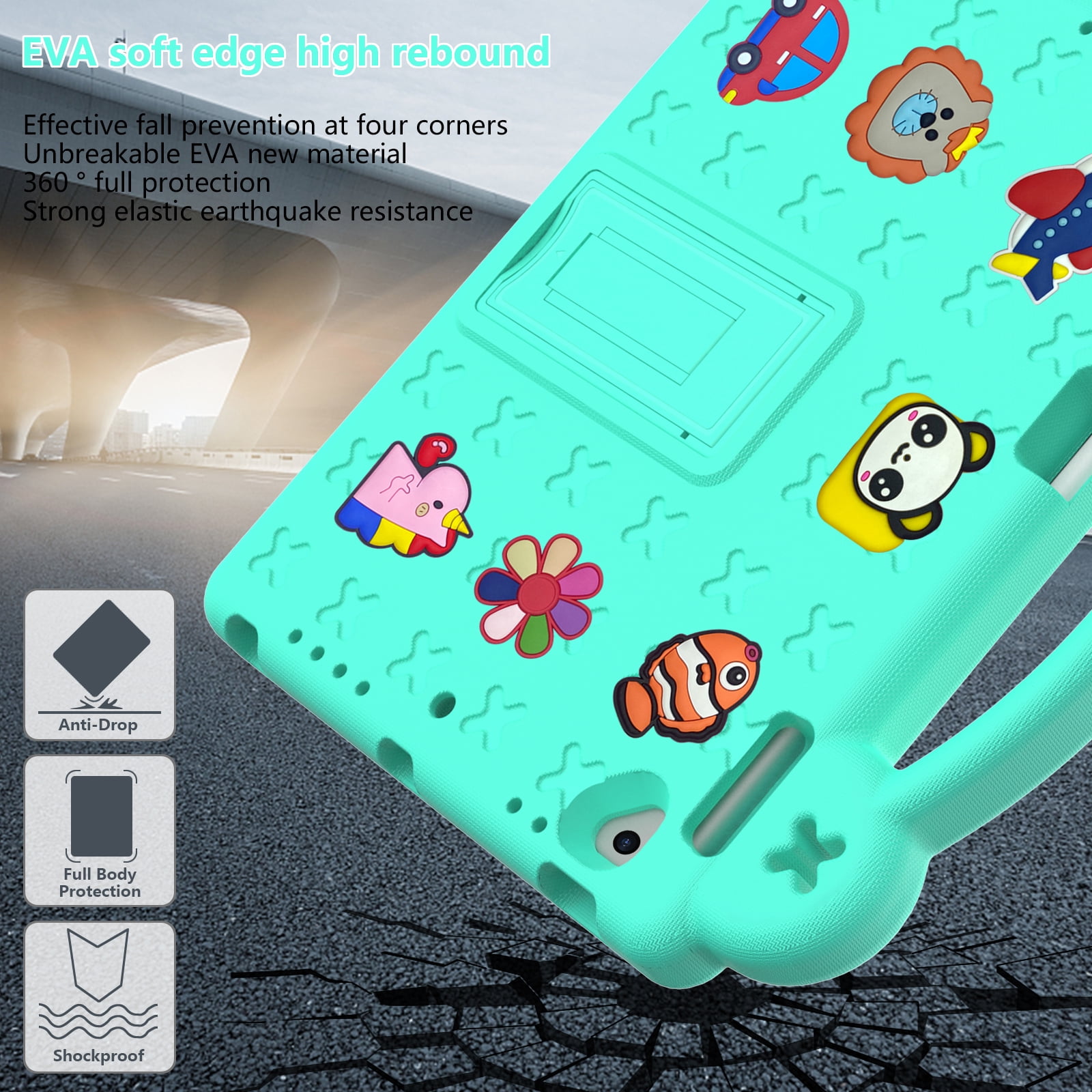 ELEHOLD Kids Case for iPad 6th/5th Gen/Pro (2018/2017/2016) 9.7 inch, EVA Foam Cute Cartoon Case with Built-in Kickstand Pencil Holder Shockproof Portable Case for iPad 9.7"/iPad Air/Air 2,Mintgreen