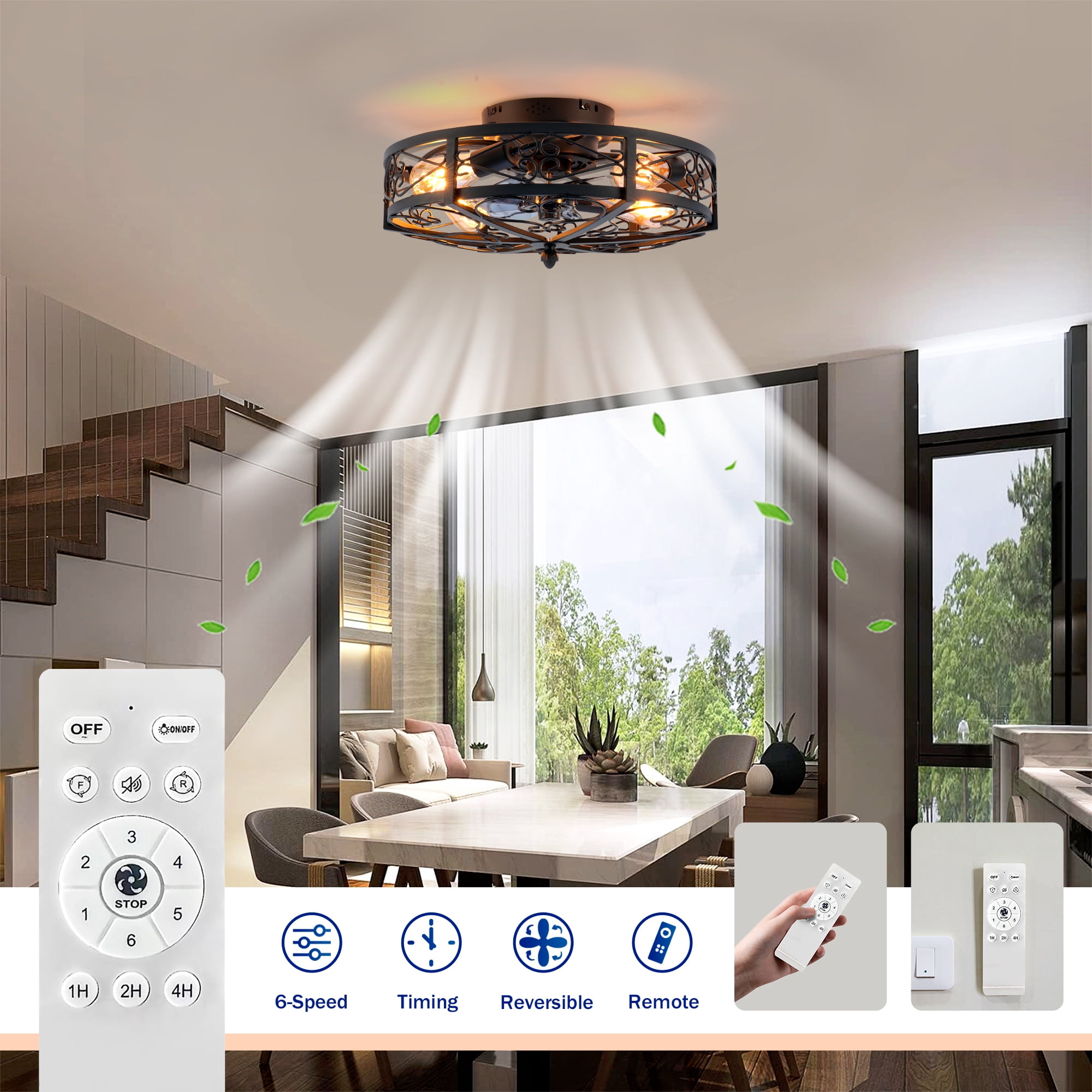 Leumius 20" Black Flush Mount Ceiling Fan with Light, Reversible Motor and DC Remote Control,6 Speed Ceiling Fan,Timing for Living Room Bedroom Dining Room(NOT Included Bulbs)
