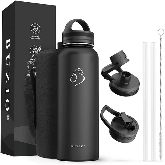 Kartokner 40 oz Water Bottle, Stainless Steel Insulated Water Flask with Straw Lids, Canteen Metal Thermo Mug Hydro Cup Jug, Double Vacuum Hot Cold Water Bottles with Carrying Pouch, Black